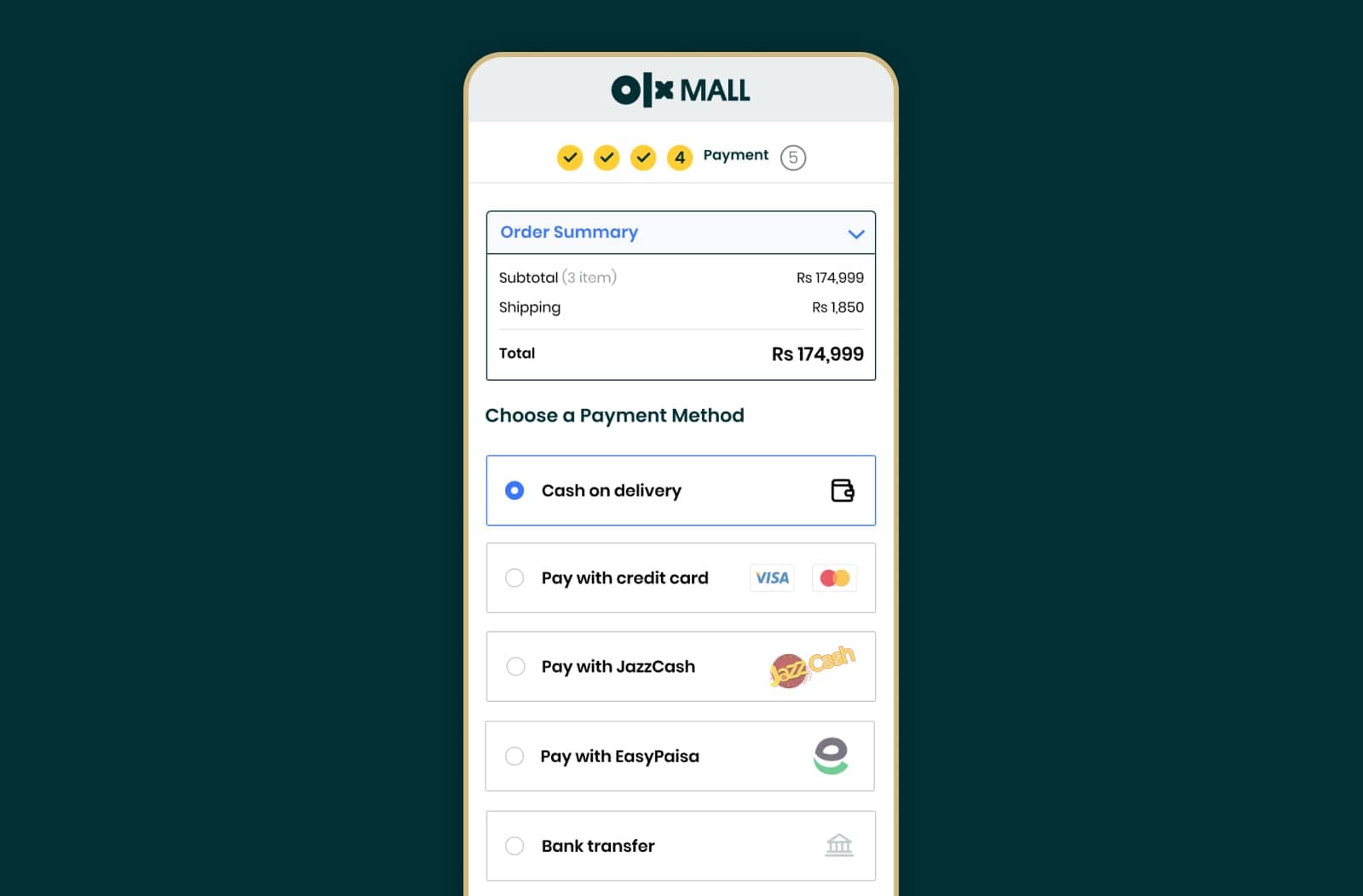 OLX Mall's payment method selector