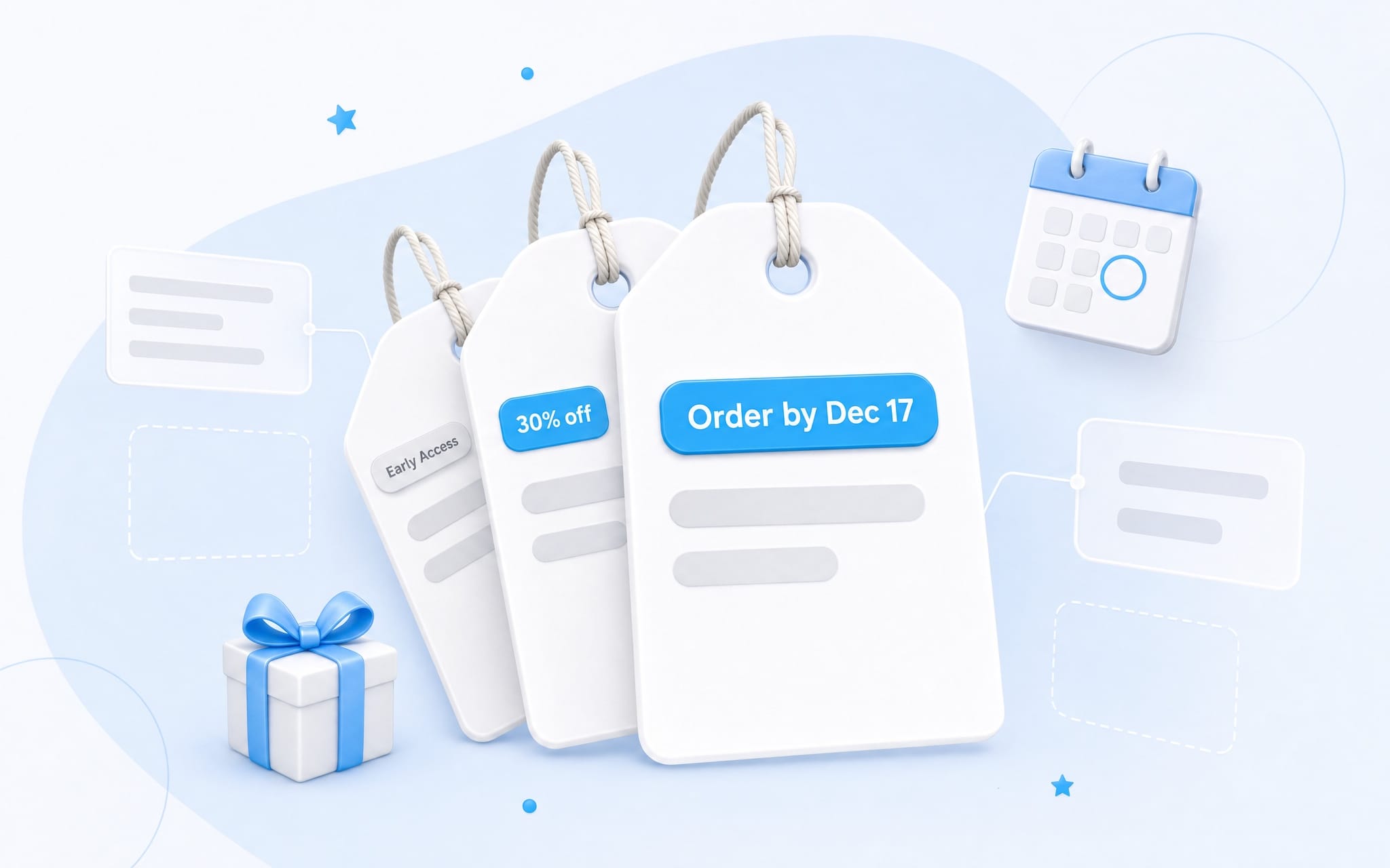 Three white gift tags fanned out in a row, labeled Early Access, 30% off and Order by Dec 17, beside a small wrapped gift box and a calendar with one day circled.