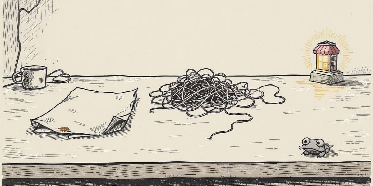 A hand-drawn ink illustration of a long desk: a folded invoice, a tangle of cables, a tiny glowing storefront on a pedestal, and a worried newt peeking over the edge.