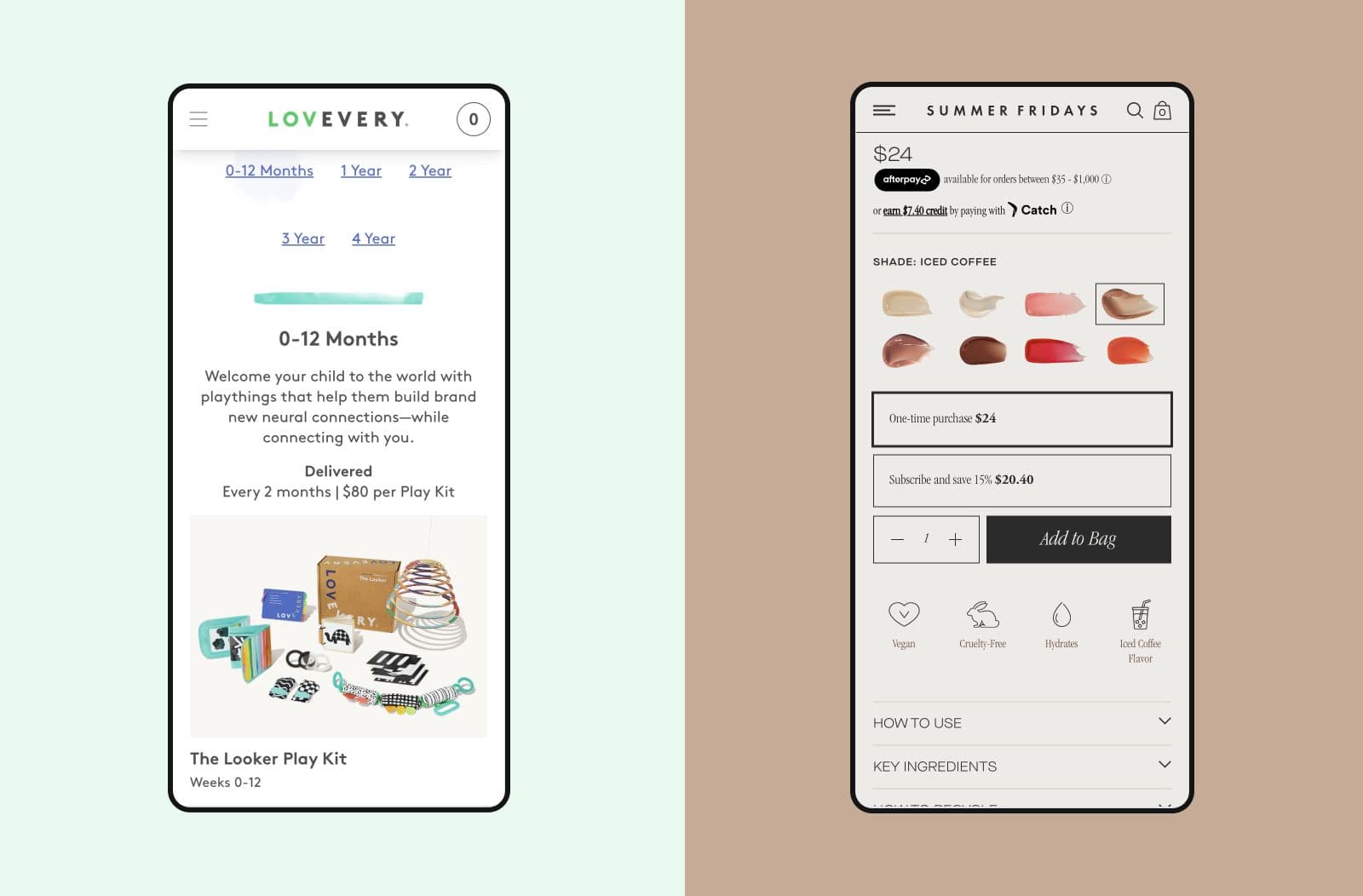 Lovevery and Summer Fridays product pages with pricing details that are difficult to spot