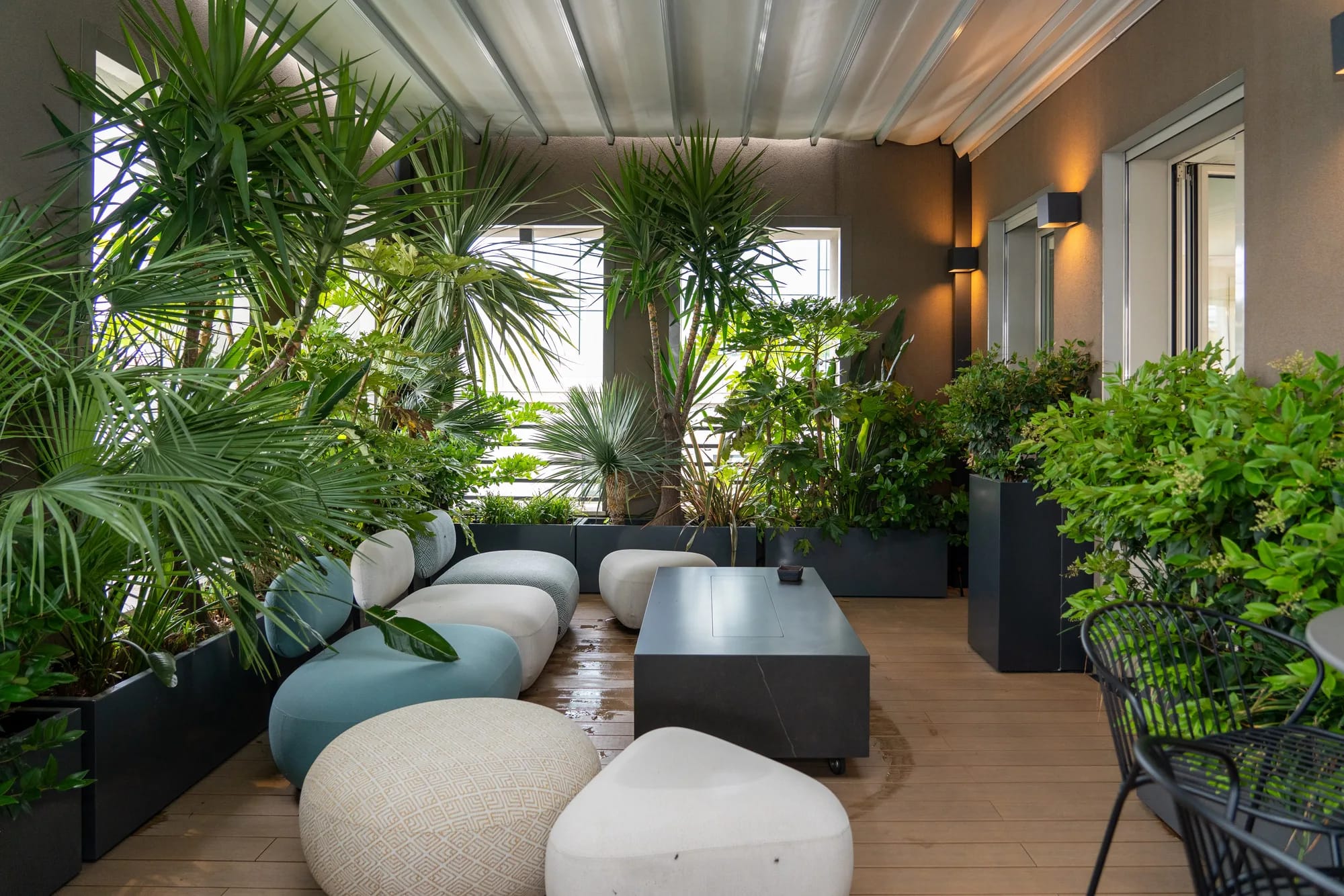 A covered terrace with lounge seating surrounded by palms and potted plants
