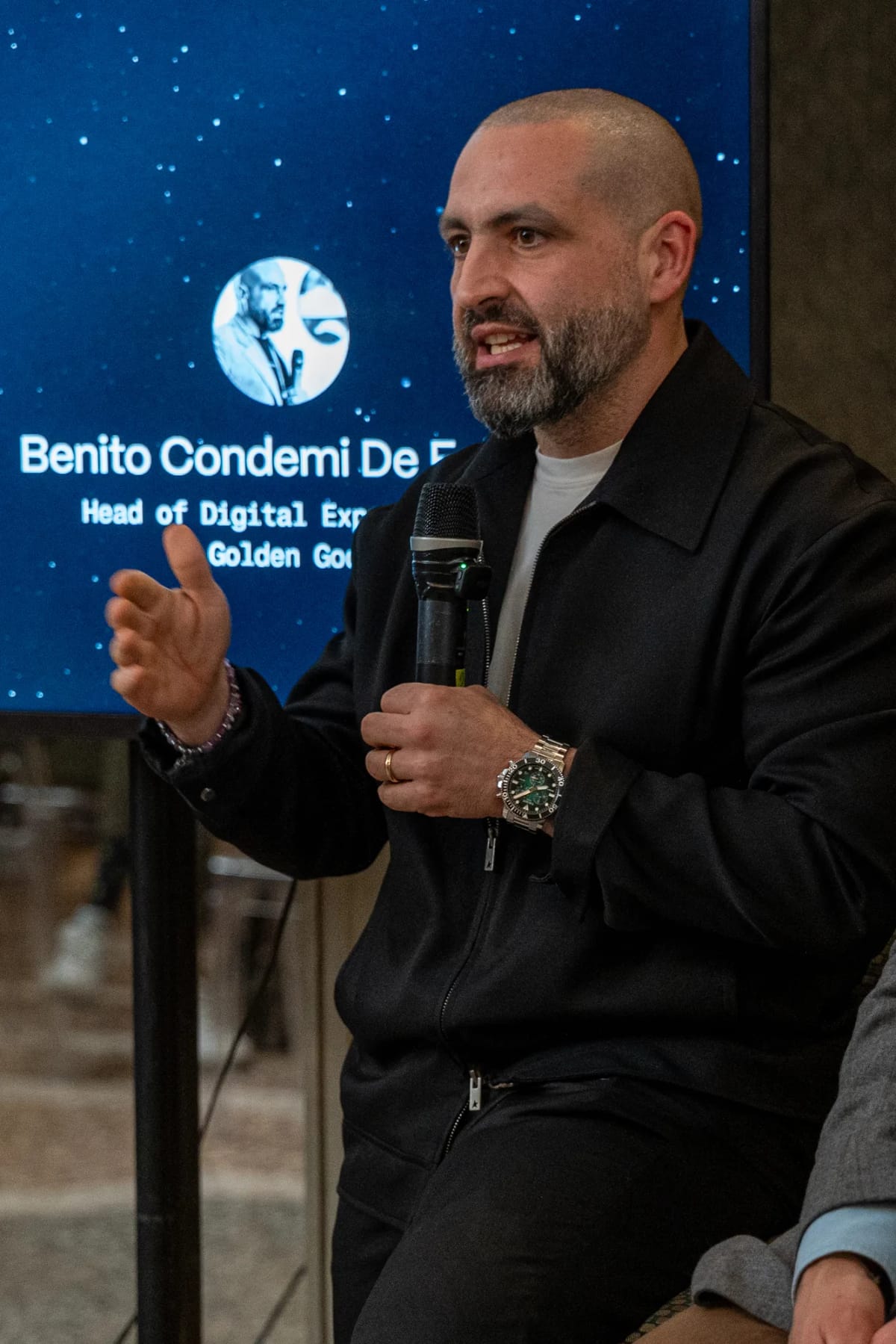 Benito Condemi de Felice of Golden Goose speaking during the AI roundtable