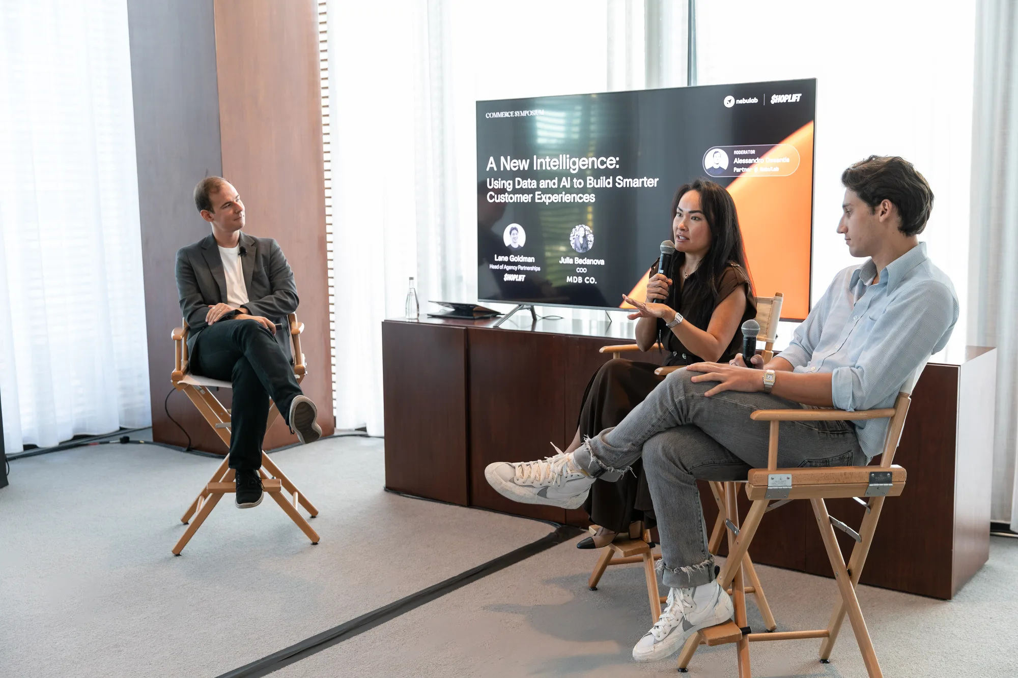 Alessandro Desantis moderates Lane Goldman and Julia Bedanova on the A New Intelligence panel