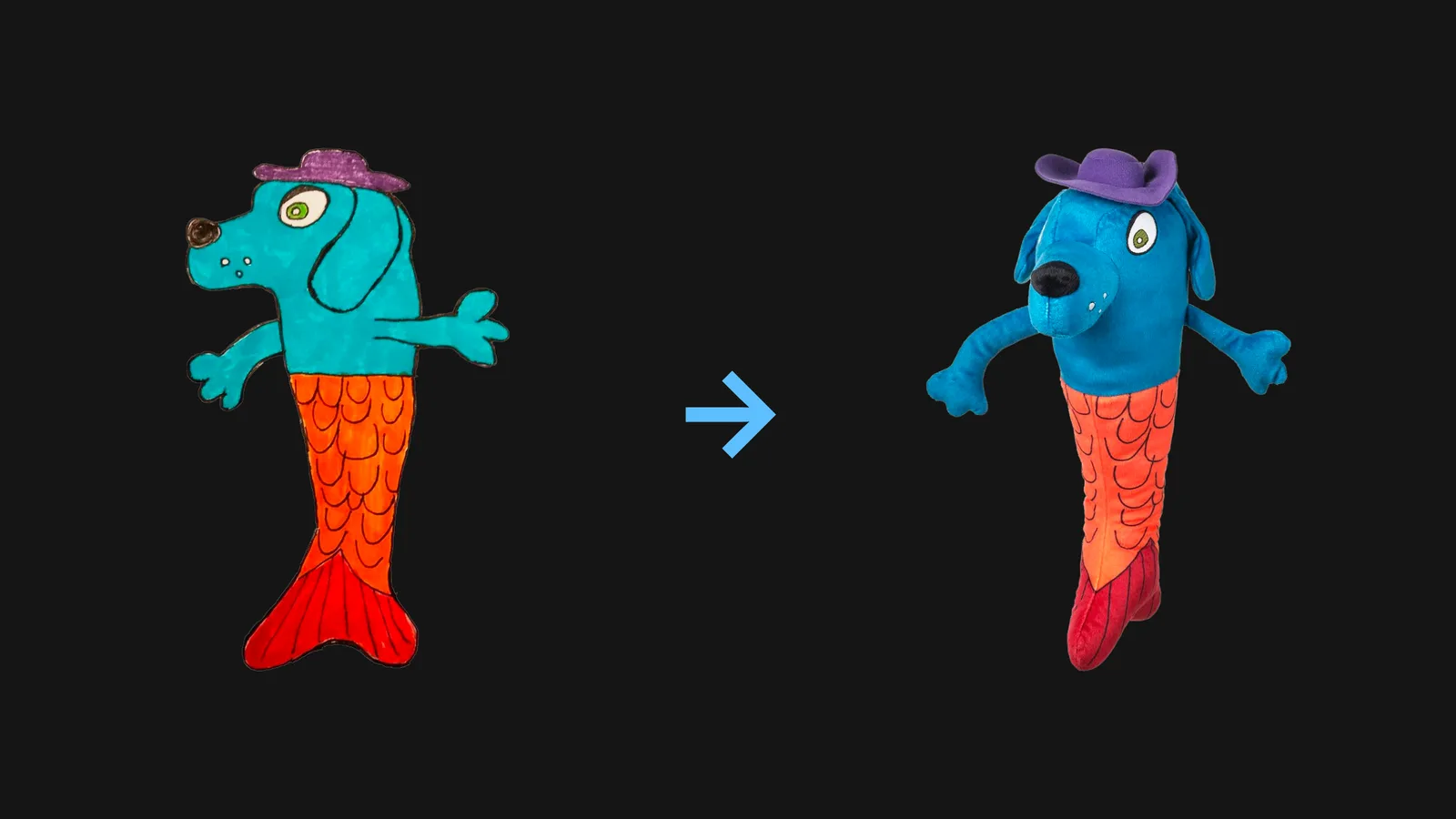 A child's drawing of a creature that is half dog, half siren, wearing a hat, next to the plush toy IKEA made from it.