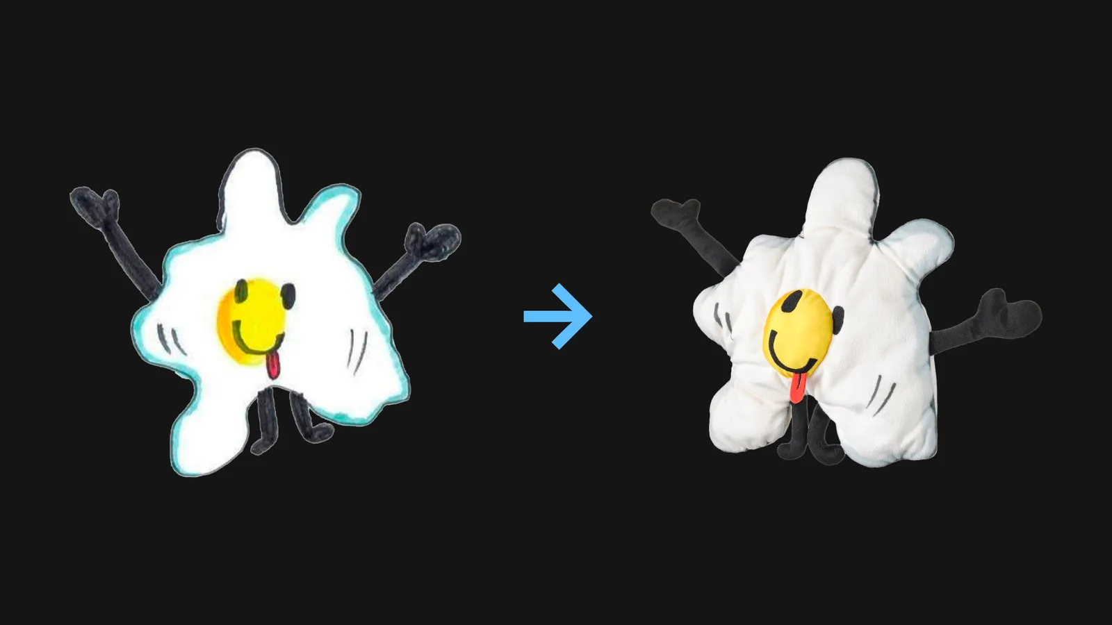 A child's drawing of a smiling fried egg next to the plush toy IKEA made from it.