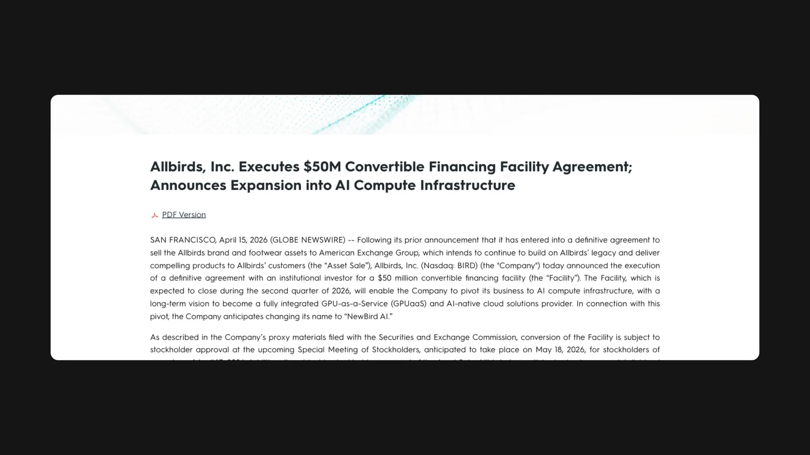 Allbirds' announcement of its $50M financing facility and expansion into AI compute infrastructure.