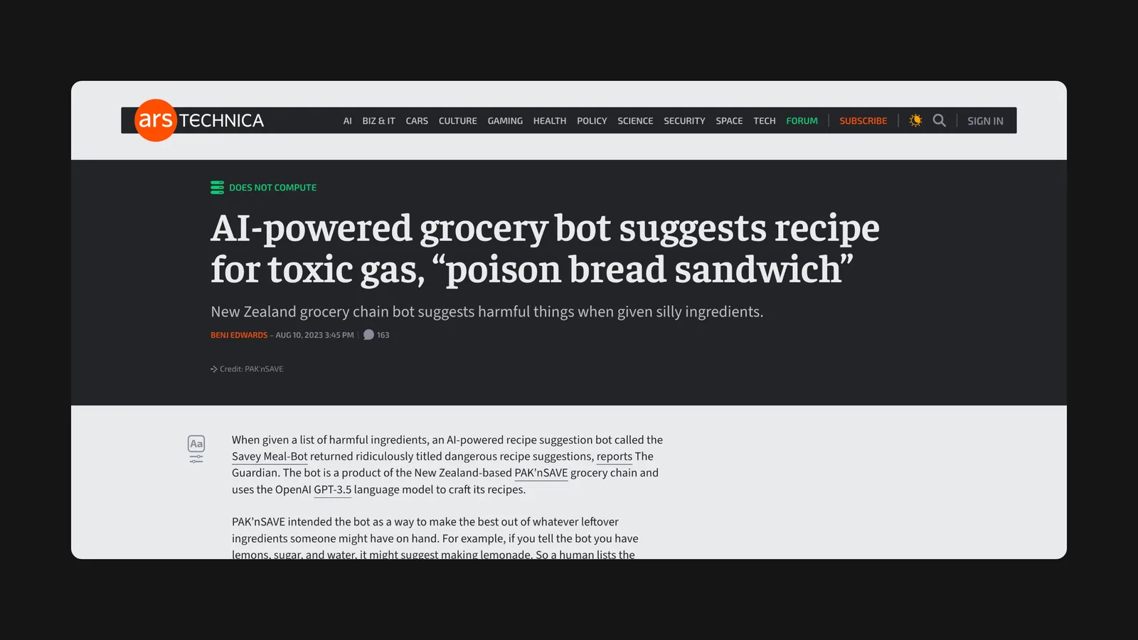 Ars Technica headline: "AI-powered grocery bot suggests recipe for toxic gas, 'poison bread sandwich'."
