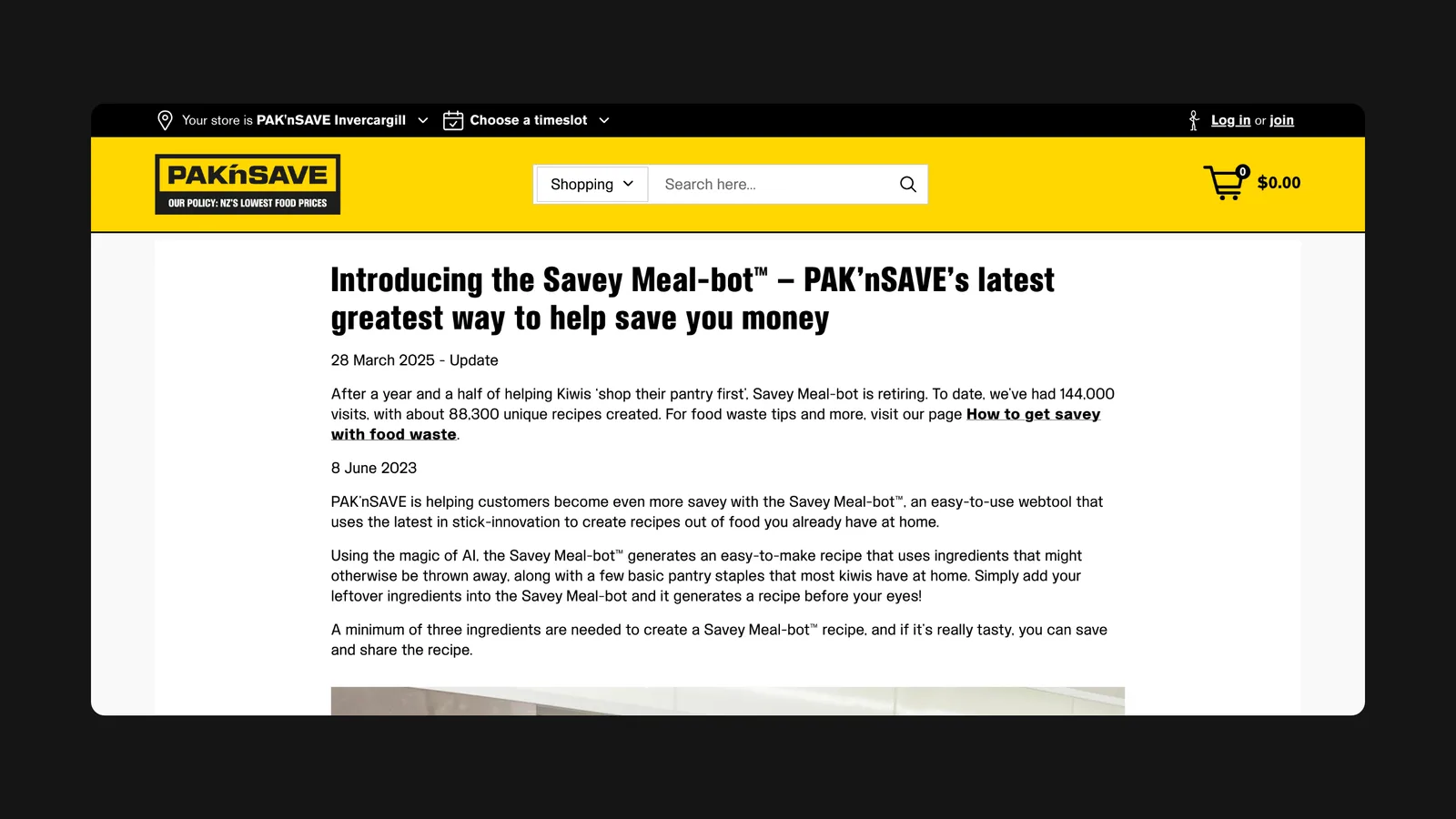 Pak'nSave's announcement of the Savey Meal-bot.