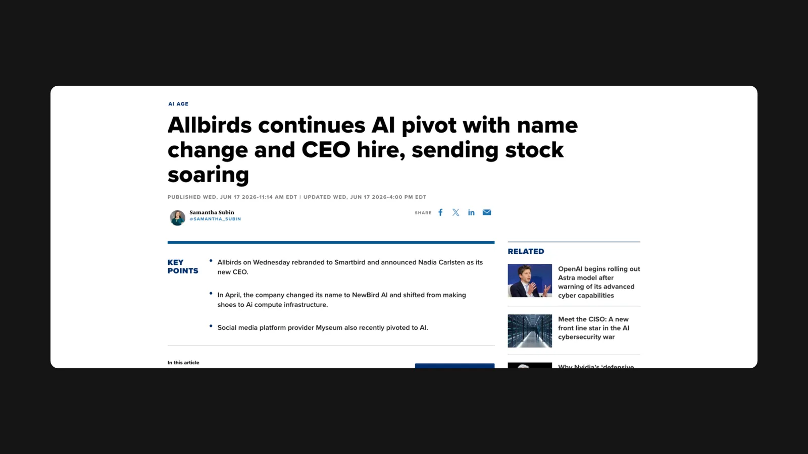 Headline: "Allbirds continues AI pivot with name change and CEO hire, sending stock soaring."