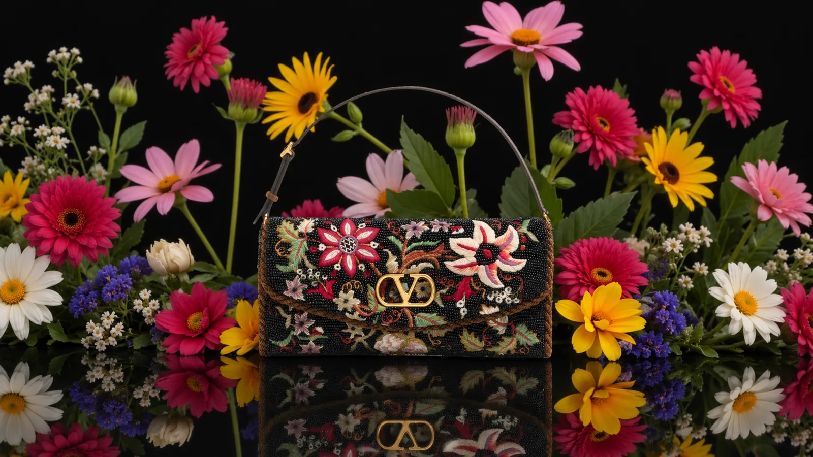 Valentino's DeVain handbag surrounded by flowers.